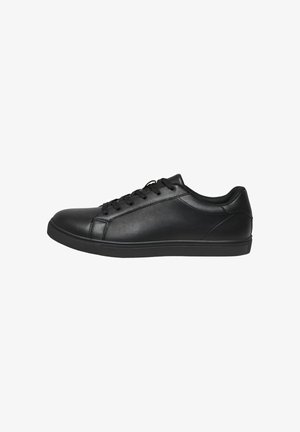 Black low-top lace-up sneaker with smooth leather texture and padded collar, shown from the side on a white background.