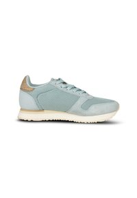 Zapatilla atlética de color azul claro que presenta materiales de malla y ante, un talón texturizado en tono marrón, cordones planos y una suela de goma con diseño de tracción.