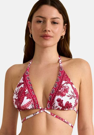 Haut de bikini triangle en rose avec motif floral et bord contrastant. Équipé de liens ajustables au cou et dans le dos, fabriqué en tissu lisse.