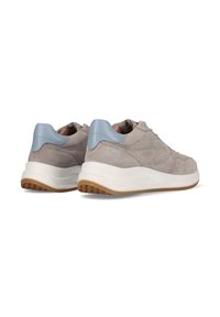 Gray suede sneakers with a blue leather accent at the heel, featuring a thick white midsole and a textured brown rubber outsole.