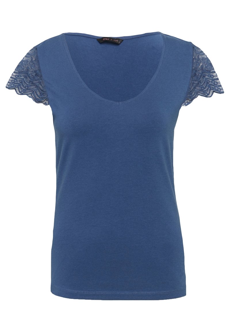 Modré tričko s výstřihem do V, s krajkovými krátkými rukávy. Měkká bavlněná tkanina; hladký střih s krajkovými detaily na ramenou.