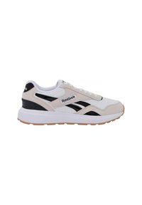 Reebok-Sneaker mit einem Design in Hellgrau und Schwarz, aus Mesh- und Wildledermaterialien, weißer Zwischensohle und strukturierter Gummiaußensohle.