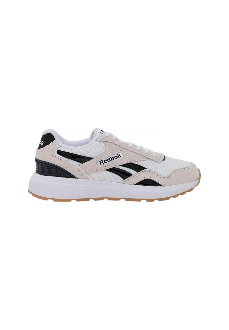 Reebok-Sneaker mit einem Design in Hellgrau und Schwarz, aus Mesh- und Wildledermaterialien, weißer Zwischensohle und strukturierter Gummiaußensohle.