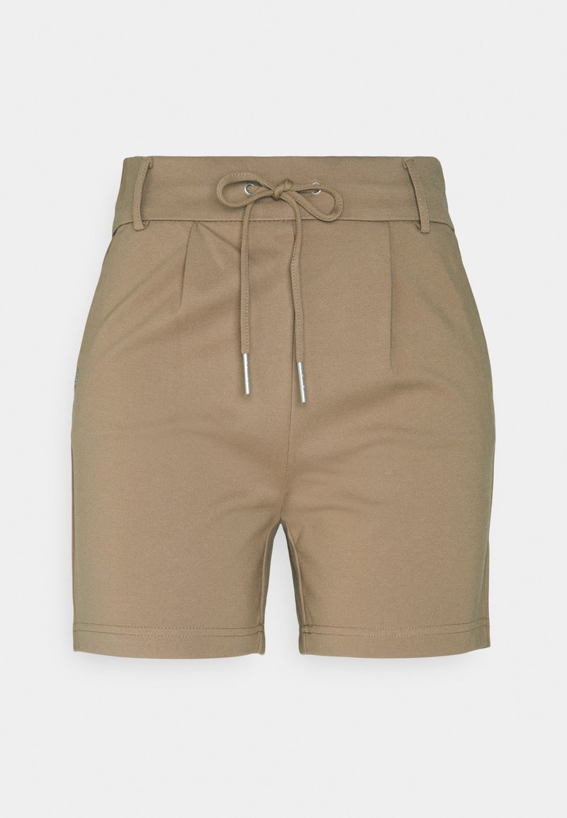 Shorts décontractés marron clair à taille haute, avec un cordon de serrage, des passants de ceinture et des plis à l'avant, présentés sur un fond uni.