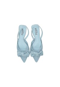 Himmelblaue Slingback-Pumps mit spitzem Zeh, aus weichem Stoff gefertigt. Mit einer geknoteten Schleifen-Detailierung an der Vorderseite.