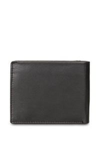 Zwarte leren portemonnee met een gladde textuur, rechthoekige vorm en minimalistisch ontwerp. Heeft afgeronde hoeken en subtiele stikdetails.