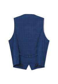 Gilet da uomo a quadri blu, con cinturino regolabile nella parte posteriore e orlo a forma di V sul retro.