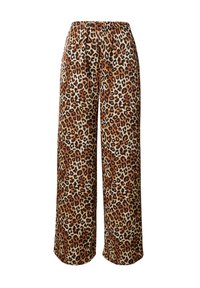 Luipaardprint wijde broek met een elastische tailleband, in verschillende tinten bruin, tan en zwart, gemaakt van een gestructureerde stof.