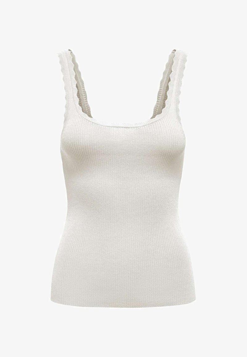 Canotta bianca a coste con bordi delle spalline a scallop, caratterizzata da un collo quadrato. Realizzata in un morbido tessuto a maglia, design aderente e dettagli minimi.
