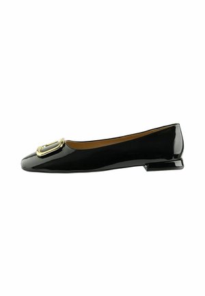 Black patent leather flat shoe with square toe and large gold buckle detail on top, featuring a small low heel.