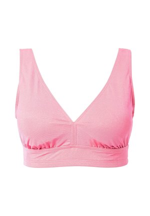 Bralette rose avec un design en V, tissu doux, taille froncée et larges bretelles. Texture lisse avec un léger éclat.