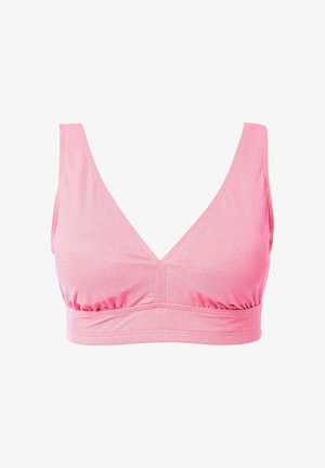 Różowa braletka z dekoltem w kształcie litery V, miękkiego materiału, marszczonym pasem i szerokimi ramiączkami. Gładka tekstura z subtelnym połyskiem.