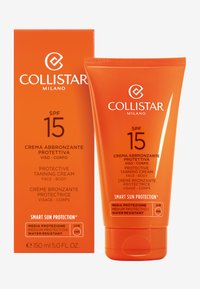 Crema bronceadora protectora SPF 15 de Collistar Milano en un brillante tubo naranja. El embalaje incluye detalles del producto en texto blanco y plateado.
