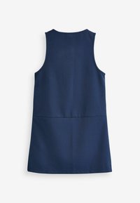 Robe sans manches bleu marine avec un décolleté rond, texture lisse et design ajusté, présentant une couture de taille discrète et un ourlet droit.