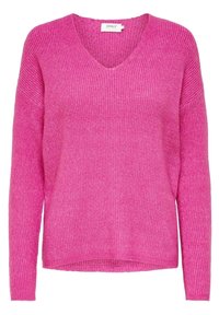Rosa gestrickter Pullover mit V-Ausschnitt, langen Ärmeln und gerippter Struktur. Legere Passform mit leicht verkürztem Saum. Etikett mit der Aufschrift "ONLY".