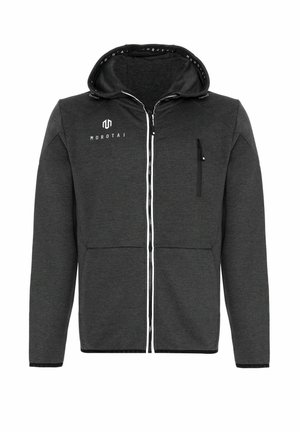 Giacca grigia con zip e cappuccio, caratterizzata da un logo bianco sul petto, tasca con zip e rifinitura della zip bianca a contrasto. Tessuto morbido.