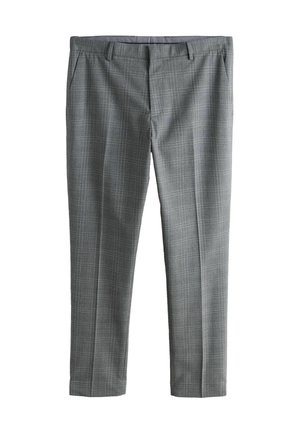 Gray plaid trousers made from woven fabric. Features two side pockets and a tailored fit. Smooth texture with a classic design.