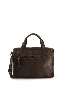 Brown leather laptop bag with dual handles and a detachable shoulder strap. Features a front zip pocket and a smooth, matte finish.