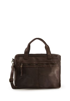 Brown leather laptop bag with dual handles and a detachable shoulder strap. Features a front zip pocket and a smooth, matte finish.