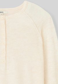 Pull en maille beige clair avec un col rond, une patte de boutonnage et des manches raglan. Texture douce avec un motif chiné subtil.