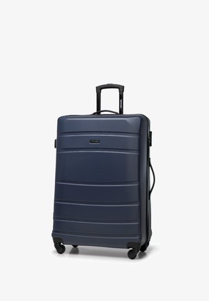 Navy-Hardcase-Reisekoffer mit strukturiertem Finish, horizontalen Linien und einem Teleskopgriff. Verfügt über vier schwarze Rollen für Mobilität.