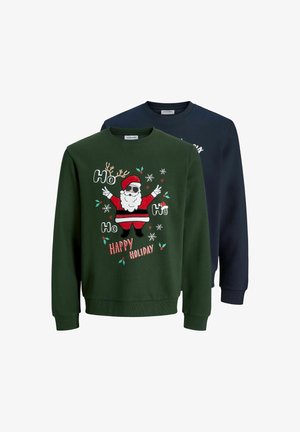Két Jack & Jones pulóver, az egyik sötétzöld, Santa grafikával és a "Ho Ho Ho Boldog Ünnepeket" felirattal, a másik hátul sima sötétkék.