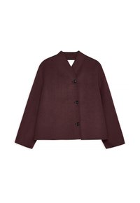 Burgundy, oversized jacket with a Kimono-style collar, long sleeves, and three black buttons down the front. Smooth texture and minimal design.