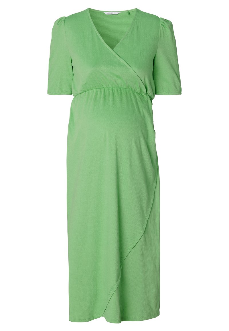 Grünes Schwangerschaftskleid mit kurzen Puffärmeln, Wickeldesign, gerafftem Bund und weichem, strukturiertem Stoff. Die Länge reicht bis unter das Knie.