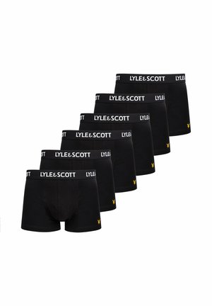Sei paia di boxer neri Lyle & Scott con fascia in vita brandizzata e piccoli loghi gialli dell'aquila sulle gambe disposti in una fila sfalsata.