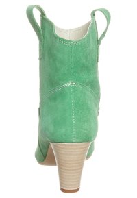 Bottine en daim vert avec un talon haut empilé. Présente des côtés découpés et une doublure intérieure lisse. Détails discrets de coutures à l'arrière.