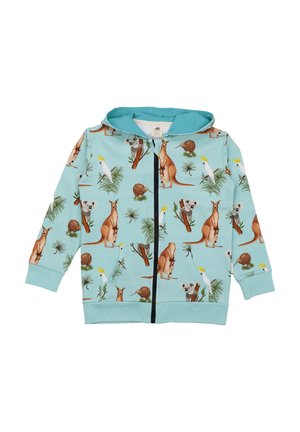 Light blue children's zip-up hoodie with kangaroo, koala, cockatoo, kiwi bird, and plant illustrations all over.