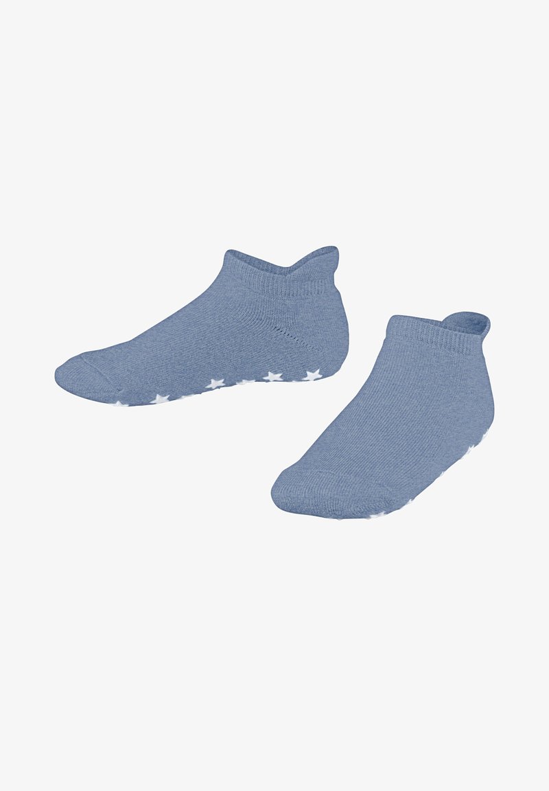 Blaue Knöchelsocken aus weichem Stoff, mit einem gerippten Bündchen und weißen sternförmigen Gummisohlen für besseren Halt.