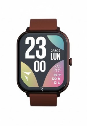 Smartwatch with brown strap showing time 23:00, date 28/02 Monday, temperature 18°C, 120 steps, and 12 calories burned.