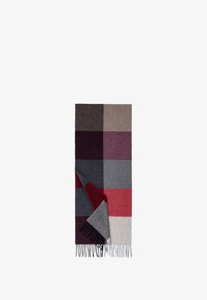 Wool blanket featuring a patchwork design in dark red, gray, and beige squares; finished with fringed edges. Soft texture and warm appearance.