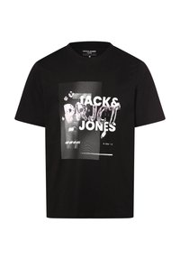Sort bomulds t-shirt med et grafisk design med tekst og abstrakte mønstre i hvid og grå, korte ærmer og rund hals.