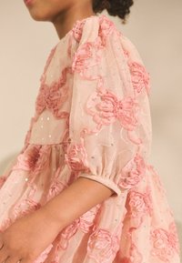 Vestido rosa hecho de tela transparente, con aplicaciones florales en relieve, lentejuelas brillantes y mangas abullonadas con puños elásticos.