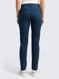 Navyblauwe katoenen broek met een slim fit, met een gladde textuur, standaardzakken en subtiele stiksels rond de taille.