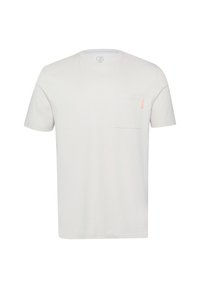 Lichtgrijze T-shirt met korte mouwen, gemaakt van zachte katoen, voorzien van een borstzak met een oranje label aan de linkerkant.