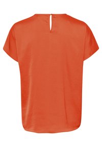 Top a maniche corte in tessuto arancione, con scollatura rotonda e un piccolo apertura a occhio di serratura sulla schiena, dal taglio morbido.