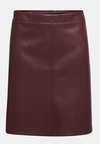 Burgundy nahkainen mini-hame, jossa on sileä pinta, istuva muotoilu ja suora helma. Varustettu huomaamattomalla jousto- vyöllä.