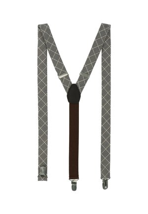 Grau- und schwarzkariertes Hosenträger mit einem braunen elastischen Rückengurt, ausgestattet mit Metallclips und einem schwarzen Lederakzent in der Mitte.