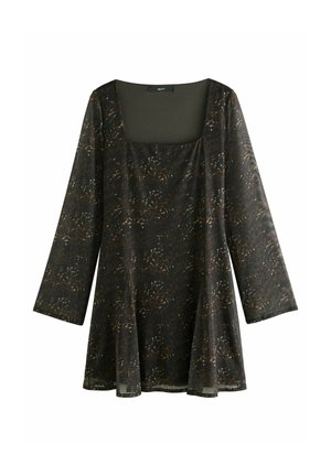 Tunique nera a maniche lunghe con macchie astratte marroni e beige, caratterizzata da un collo quadrato e un orlo leggermente svasato.