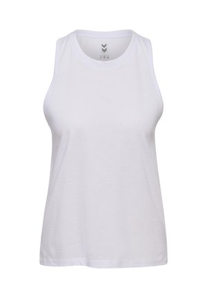 Biały bezrękawnik wykonany z oddychającego materiału, z okrągłym dekoltem i gładką fakturą, charakteryzujący się minimalistycznymi detalami szwów.
