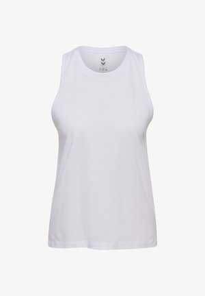 Biały bezrękawnik wykonany z oddychającego materiału, z okrągłym dekoltem i gładką fakturą, charakteryzujący się minimalistycznymi detalami szwów.