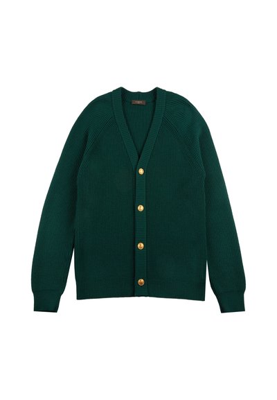 Zielony kardigan z prążkowanym wzorem, z dekoldem w kształcie litery V, z przodu zapinany na guziki i ozdobiony złotymi guzikami. Ma długie rękawy i teksturowany splot.