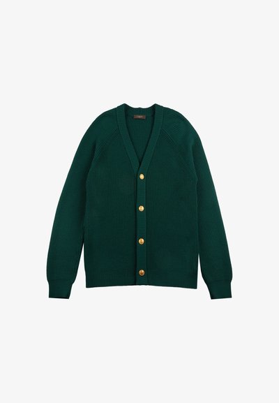 Zielony kardigan z prążkowanym wzorem, z dekoldem w kształcie litery V, z przodu zapinany na guziki i ozdobiony złotymi guzikami. Ma długie rękawy i teksturowany splot.