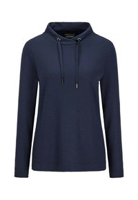 Maglietta a maniche lunghe blu navy con texture a costine e collo foderato. Caratterizzata da un cordoncino regolabile con dettagli metallici.