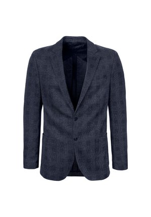Einreihiger marineblauer karierter Blazer mit zwei Knöpfen, Kerbkragen und zwei aufgesetzten Vordertaschen, dargestellt auf weißem Hintergrund.
