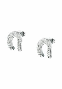 Orecchini a forma di ferro di cavallo in tono argento, decorati con strass trasparenti, caratterizzati da una finitura liscia e una chiusura posteriore sicura.