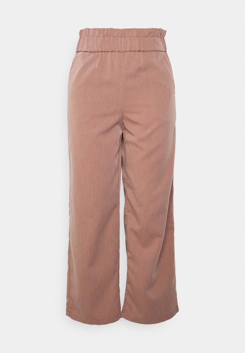 Pantalon marron à jambes larges avec une taille élastique, fabriqué dans un tissu texturé. Le design se caractérise par des lignes épurées et une coupe décontractée.